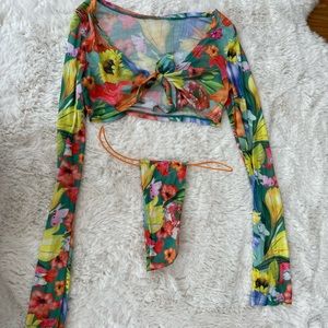 Mesh Floral Bikini Top String Bikini Bottom Set